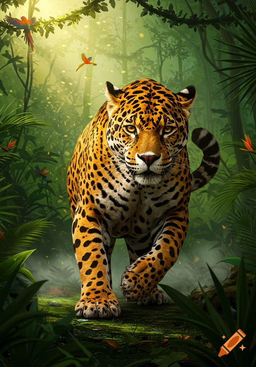 A powerful jaguar walks forward in a lush, sunlit jungle with tropical birds, in a photorealistic illustration style.