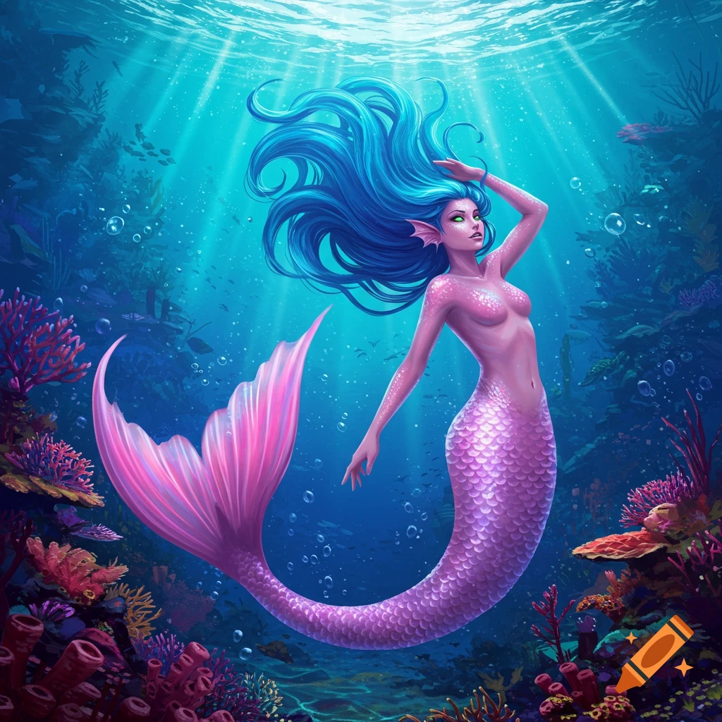 A vibrant illustration of a pink-skinned mermaid with flowing blue hair and a purple tail, swimming in a colorful coral reef.