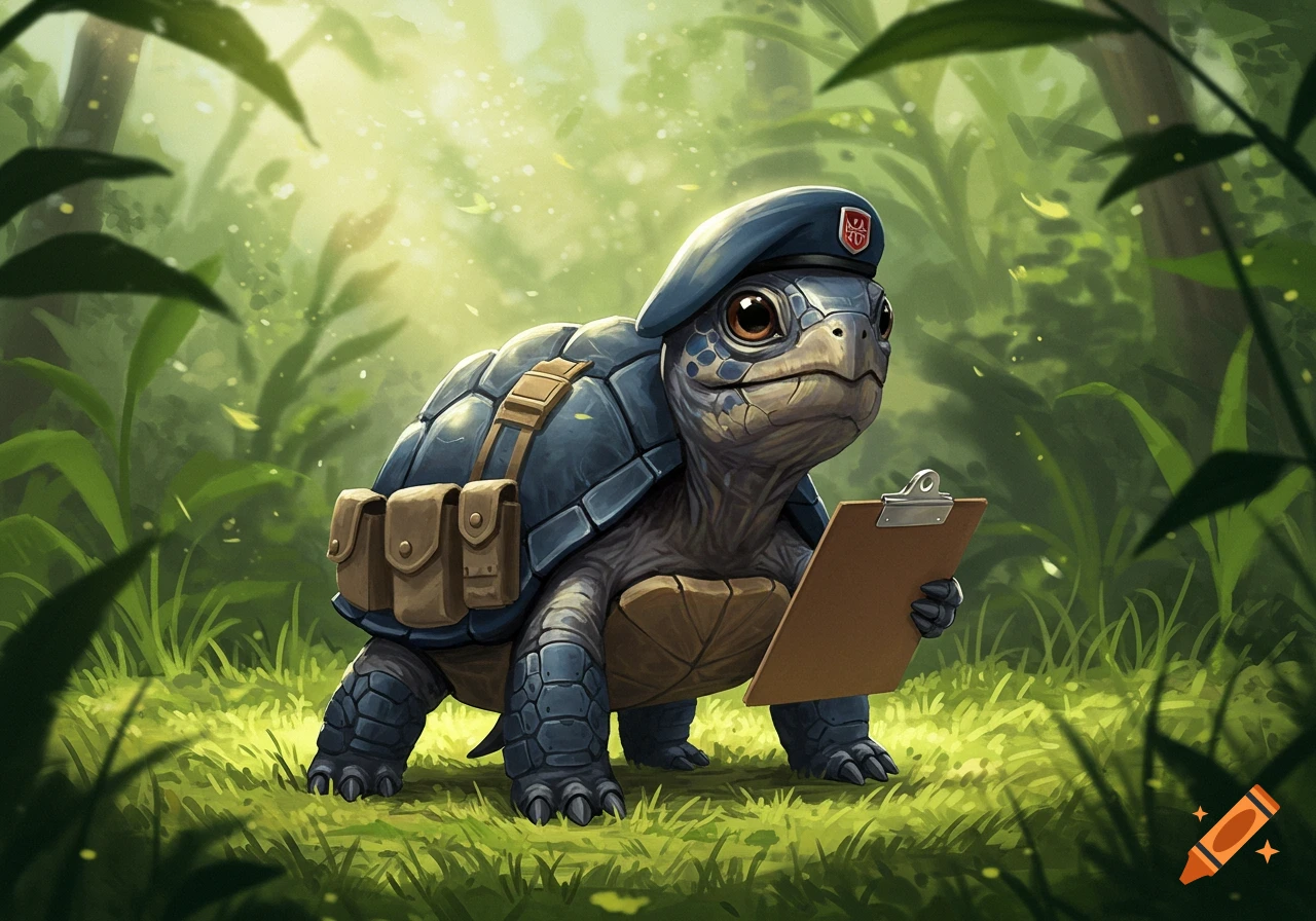 A cute, blue-shelled tactical turtle wearing a beret and backpack, holding a clipboard in a lush green forest.
