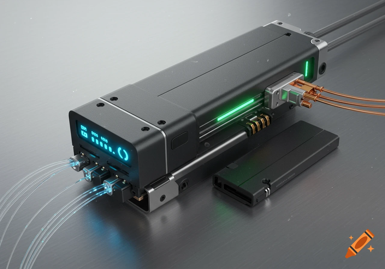 Close-up of a futuristic black rectangular device with glowing blue and green lights, optical fibers, and copper wires on a metallic surface.