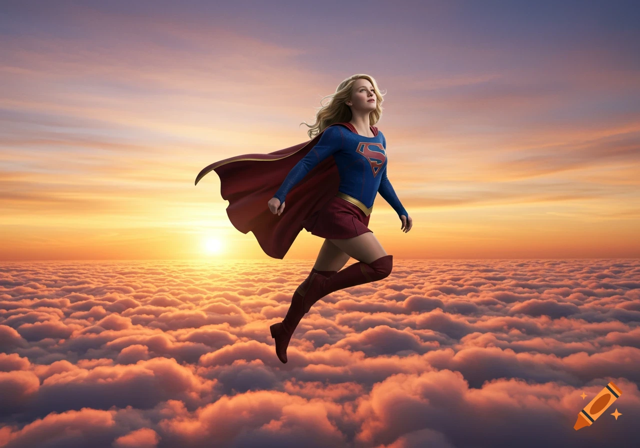 Photorealistic Supergirl flies gracefully above a sea of clouds at sunset.