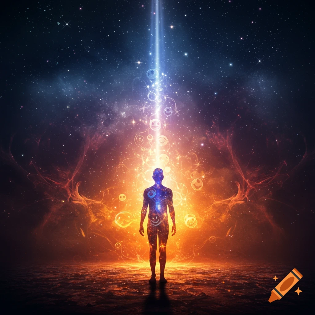 A glowing human silhouette stands on a cosmic landscape, illuminated by a beam of light filled with smiley faces reaching into a star-filled sky.