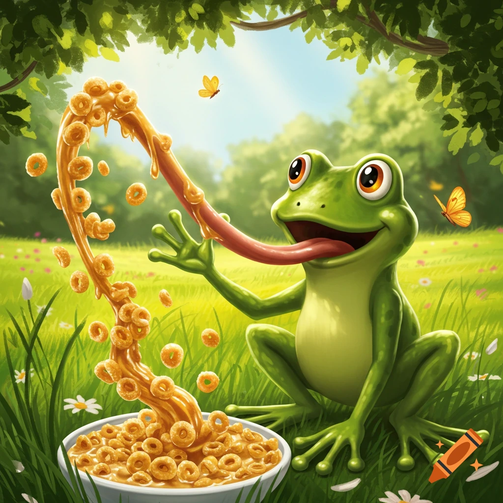 A cartoon frog with a long tongue pulls a stream of honey smacks cereal from a bowl in a sunny, green field.