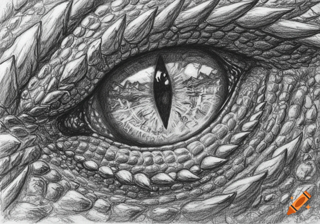 Close-up pencil drawing of a dragon's eye with intricate scales.