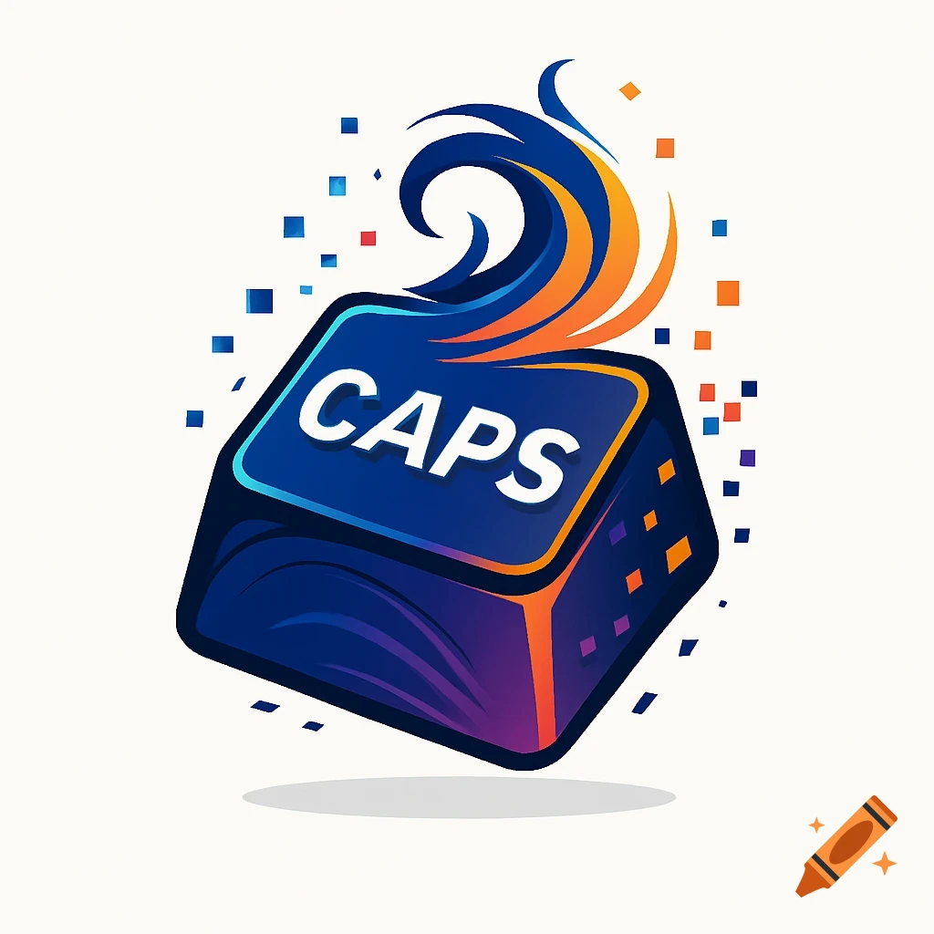 A stylized vector logo of a blue and purple 'CAPS' keyboard key with orange and blue digital wave accents and pixel squares.