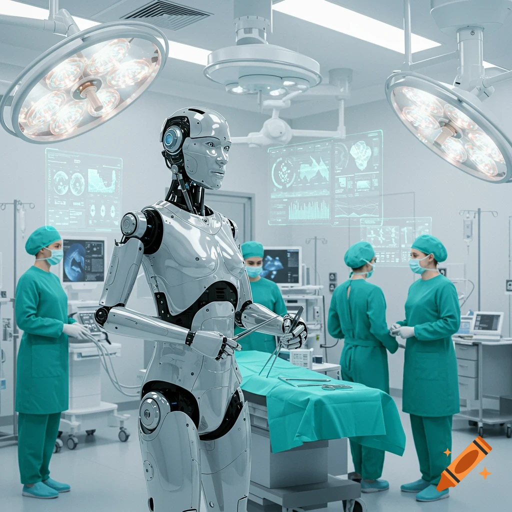 A photorealistic image of a robot surgeon holding surgical tools in a futuristic operating room with medical staff and holographic displays.