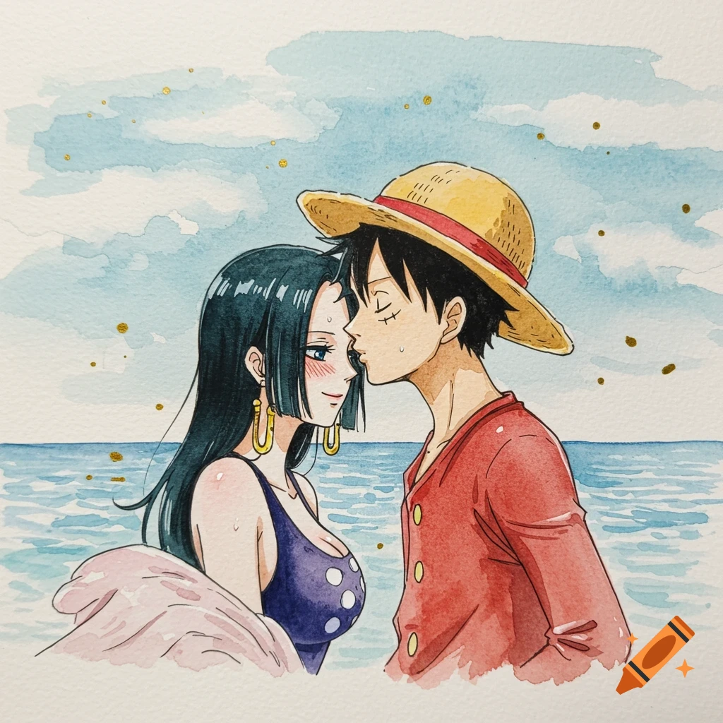 Luffy kisses Hancock's forehead by the sea in a watercolor painting.