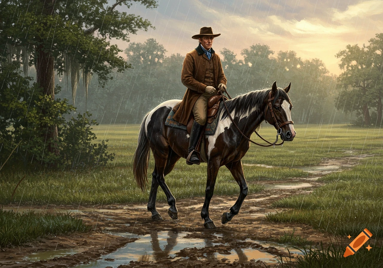 An 1850s man in a brown coat rides a spotted horse on a muddy path during a Florida downpour. Detailed painting.