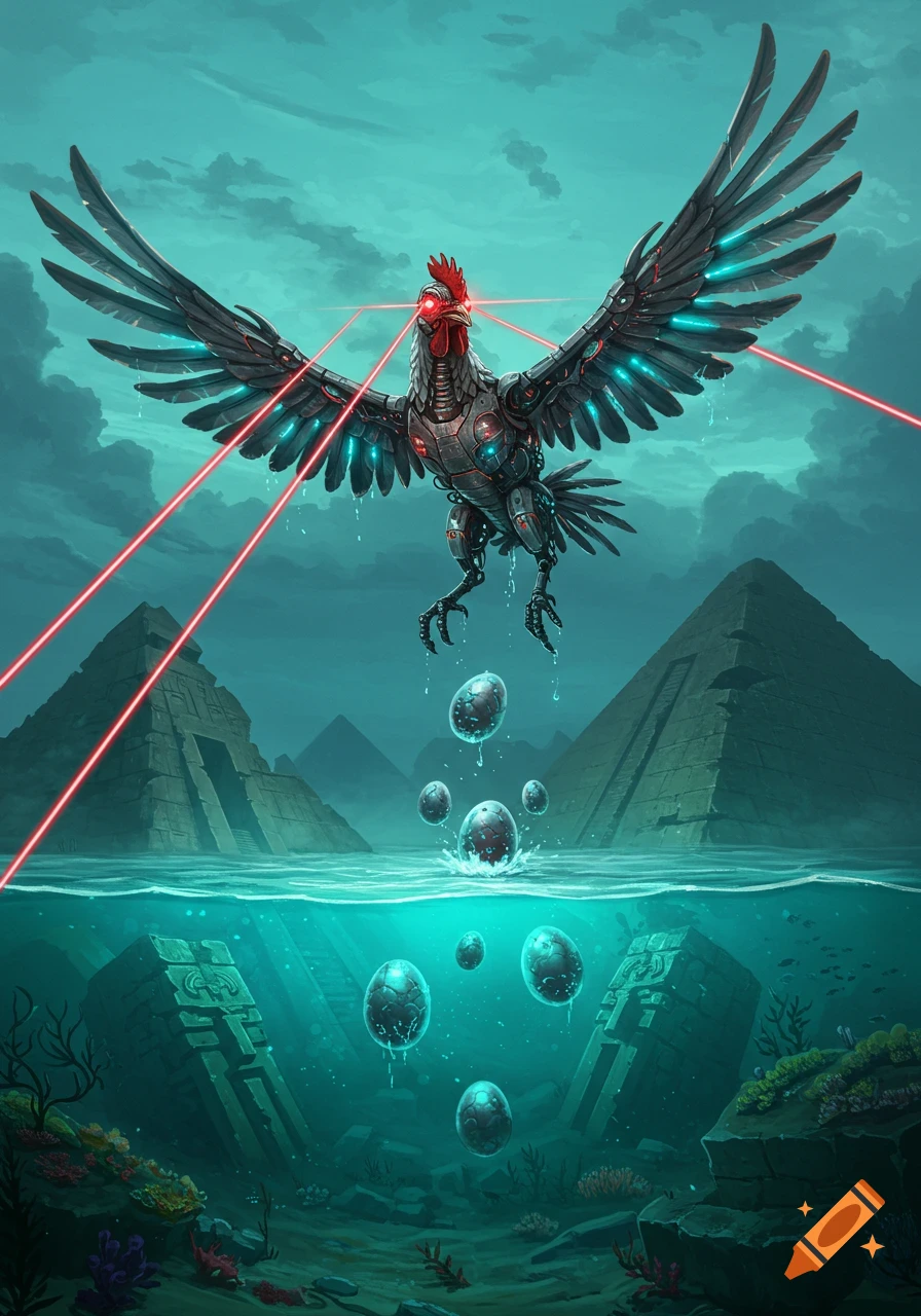 A cybernetic chicken with laser eyes flies over water, dropping metallic eggs above sunken pyramids and ancient ruins.