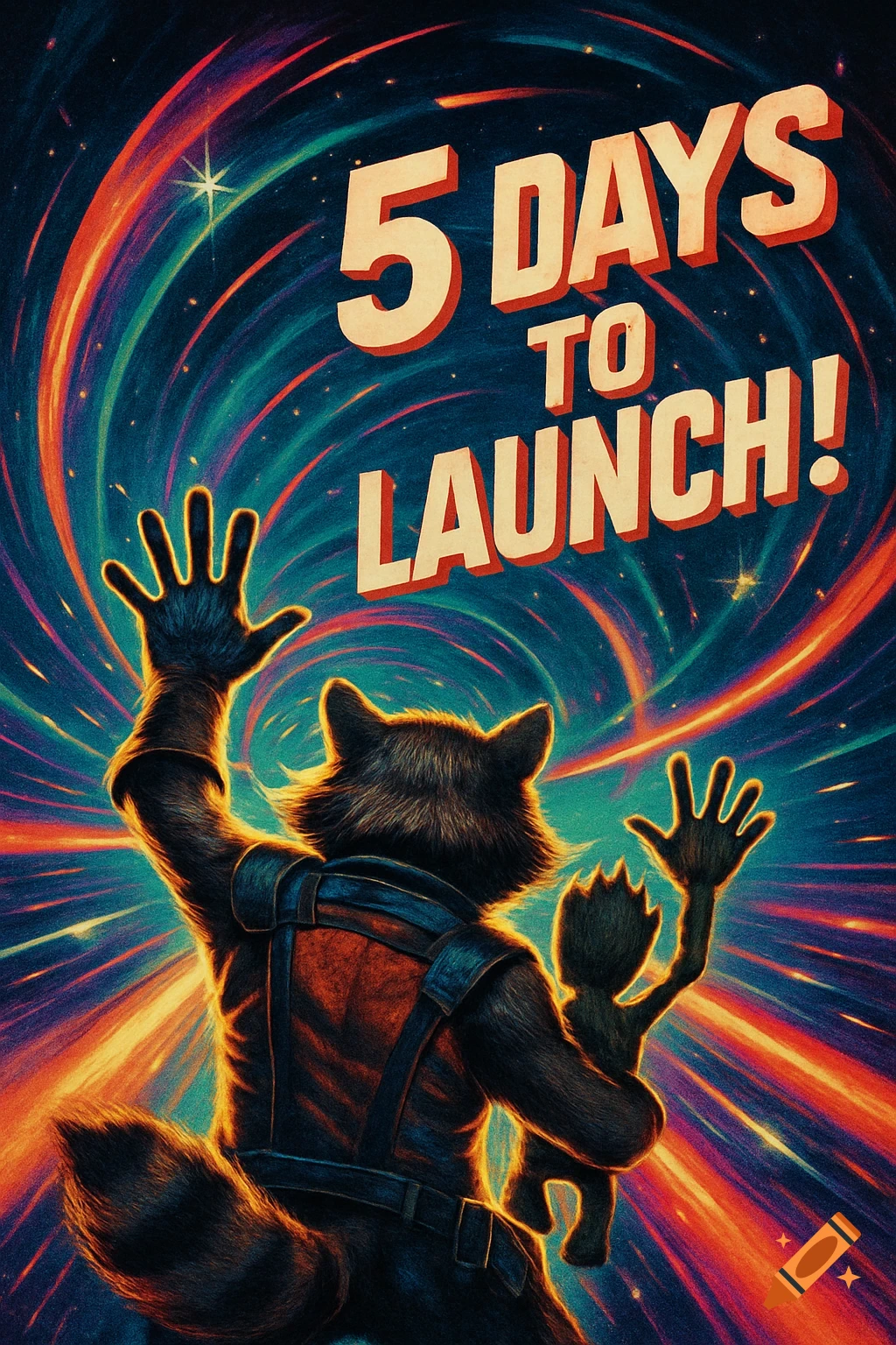A vintage sci-fi poster of Rocket Raccoon and Baby Groot from behind, looking up at "5 DAYS TO LAUNCH!" text in a swirling cosmic tunnel.