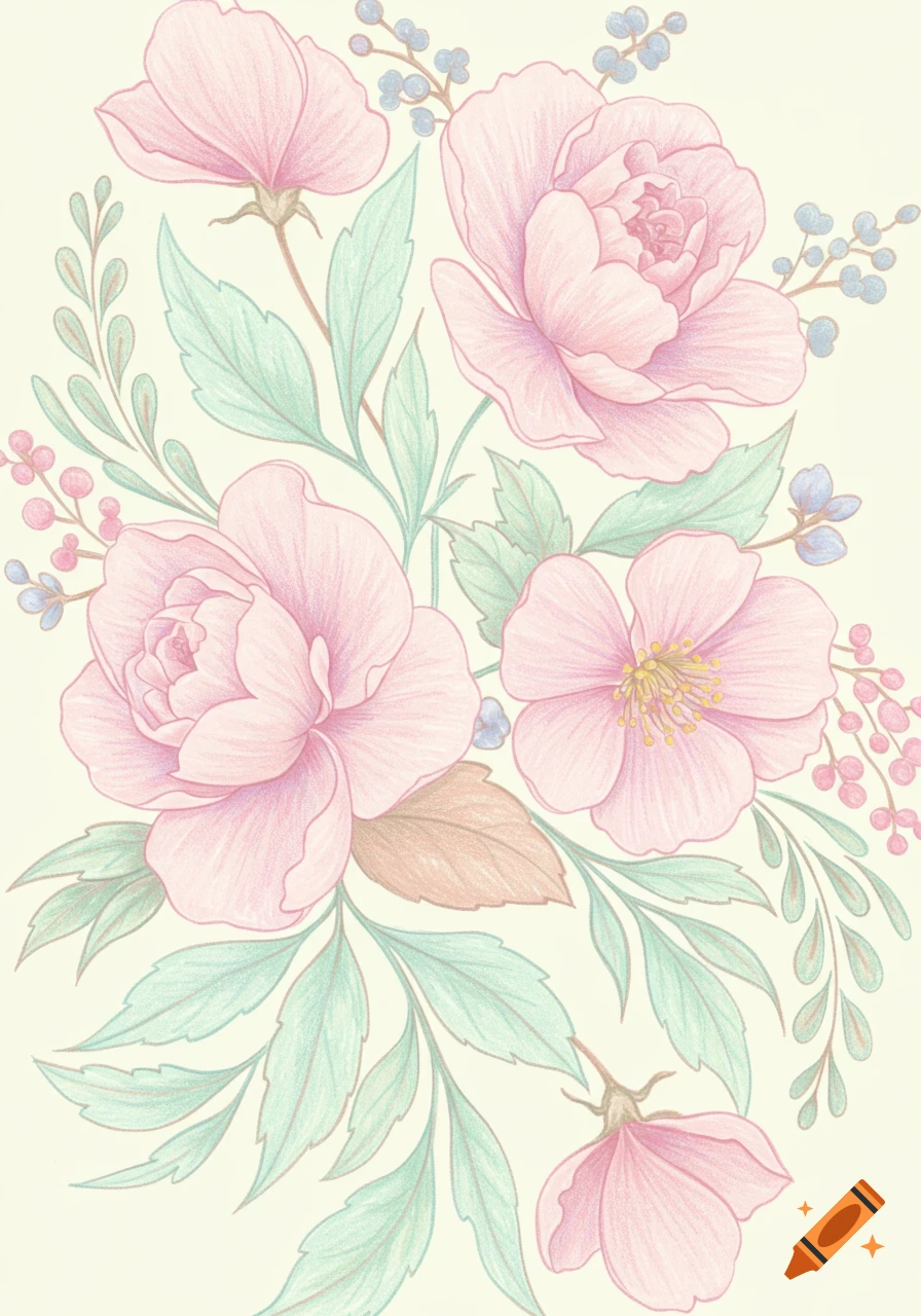 Pastel colored pencil illustration of pink flowers, green leaves, and berries on a light background.