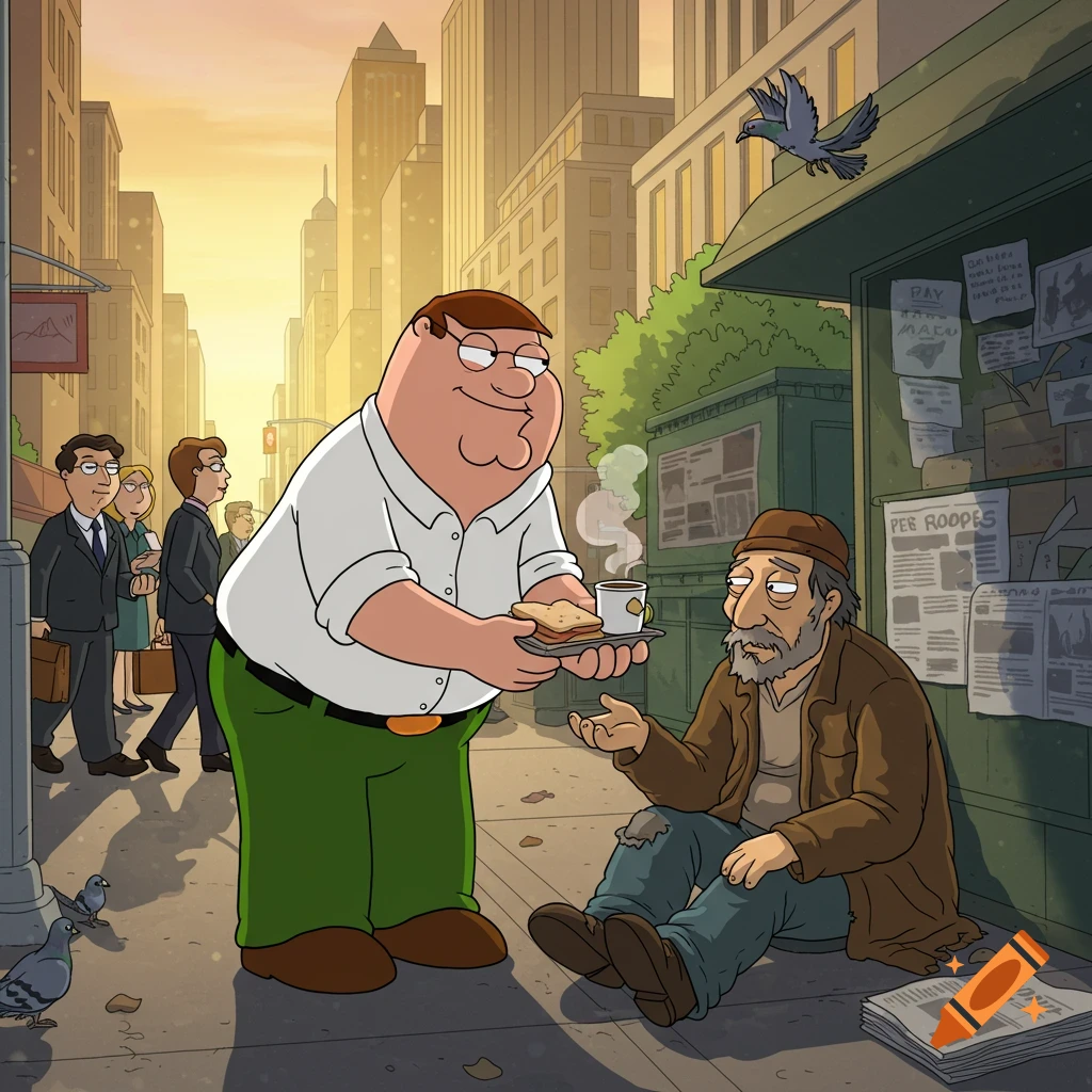Peter Griffin gives a sandwich and coffee to a homeless man sitting on a city street, in a cartoon style.