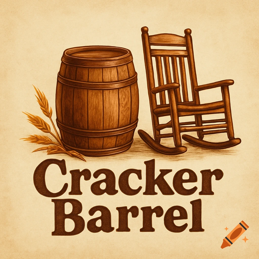 A rustic illustration of a wooden barrel, wheat, and a rocking chair, with the words 'Cracker Barrel' below.