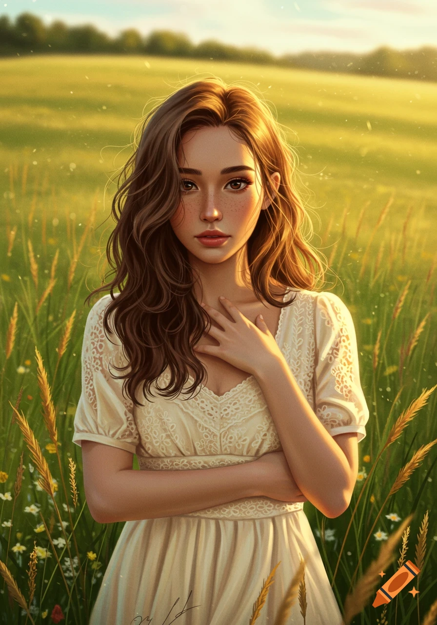Digital art portrait of a young woman with long brown hair, wearing a white dress, standing in a golden field of tall grass.