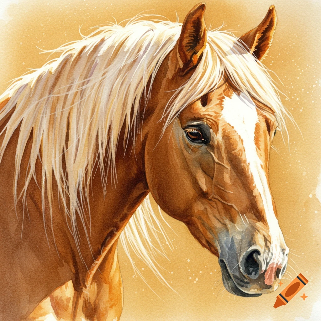Watercolor close-up of a brown horse's face with a white blaze and a long blonde mane against a warm background.