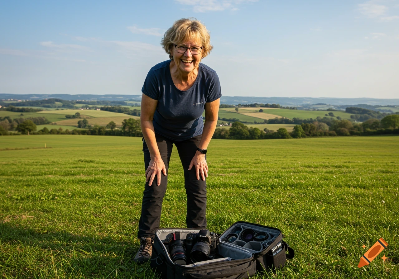 An older woman with short blonde hair and glasses smiles in a field, bending over an open camera bag with a Canon camera and lenses. Hills are in the background.