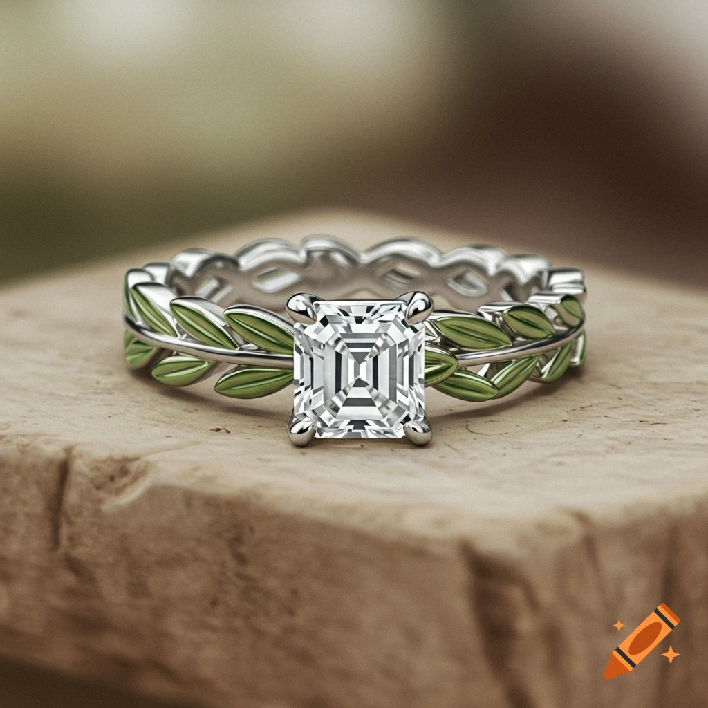 Photorealistic white gold engagement ring with an emerald cut diamond and a band adorned with green olive leaves, on wood.