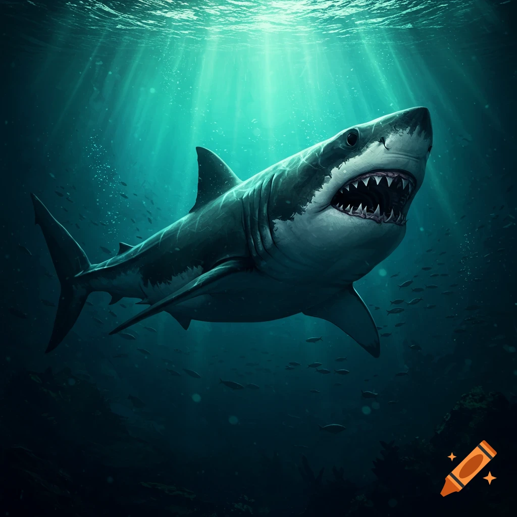 A great white shark with its mouth open, revealing sharp teeth, swims in deep blue water with sun rays beaming from above.