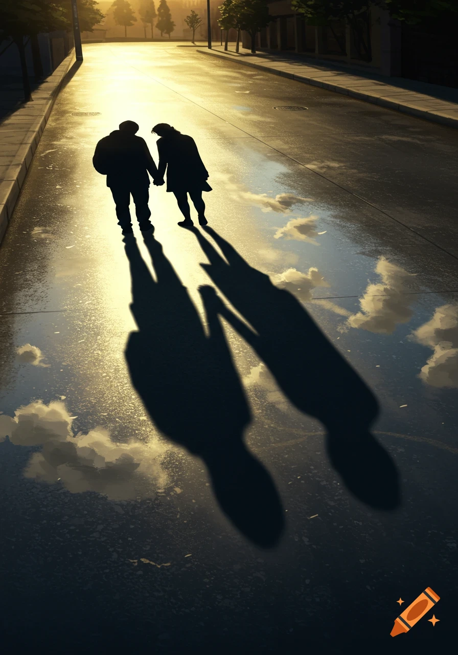 A stylized illustration of a silhouetted couple holding hands, walking on a wet street with long shadows under a warm sunset.