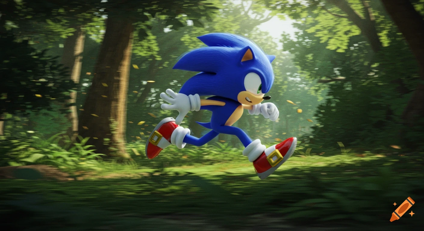 Sonic the Hedgehog runs through a lush, green forest with motion blur, captured in a high-quality render.