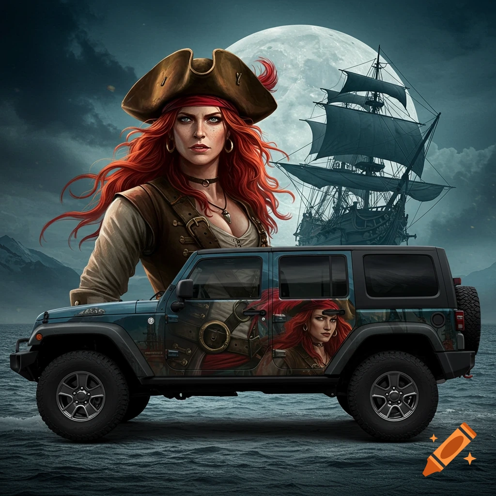 Red-haired female pirate and a Jeep with her image wrap on the open sea under a full moon with a pirate ship, digital art.