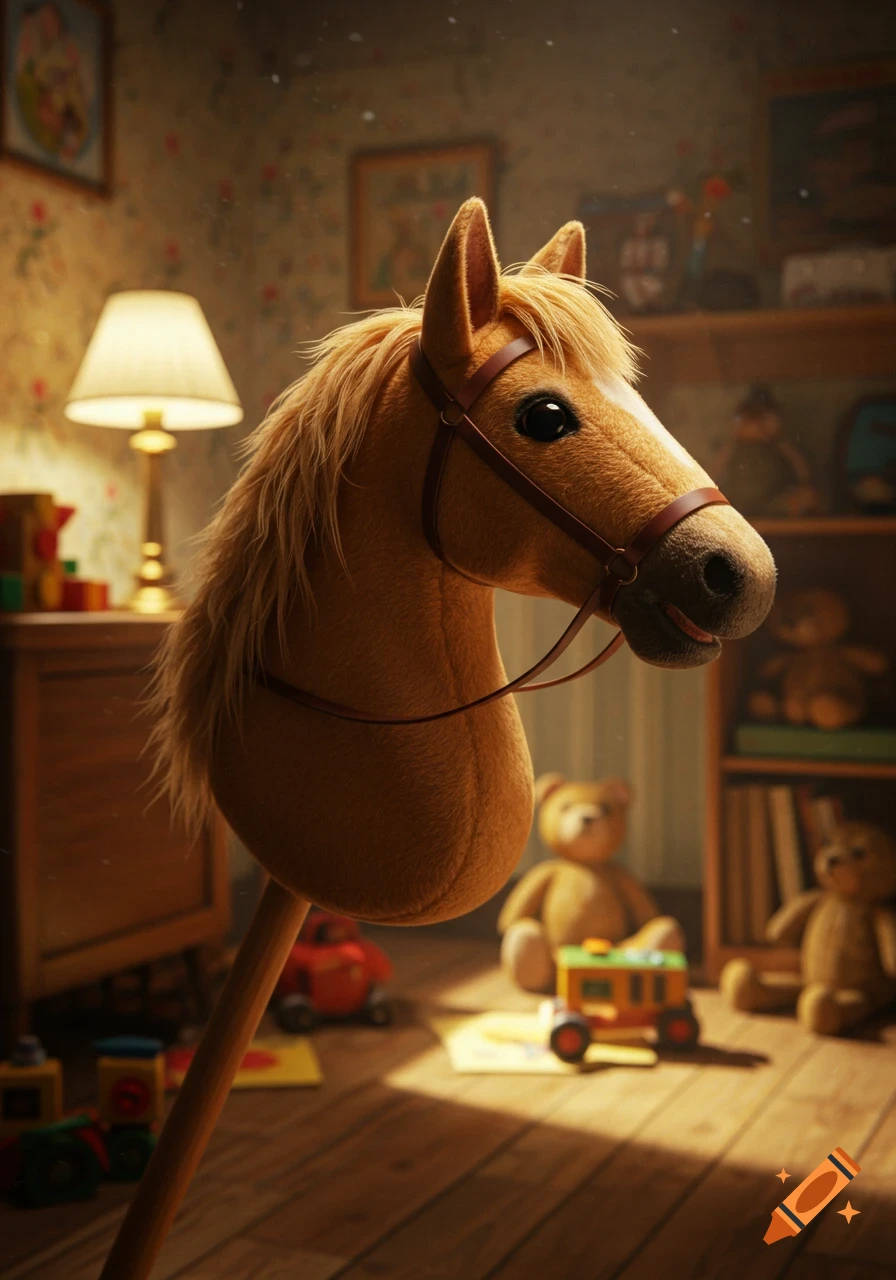 A detailed, realistic image of a stuffed horse head on a stick toy in a softly lit, cozy child's room with other toys and books.