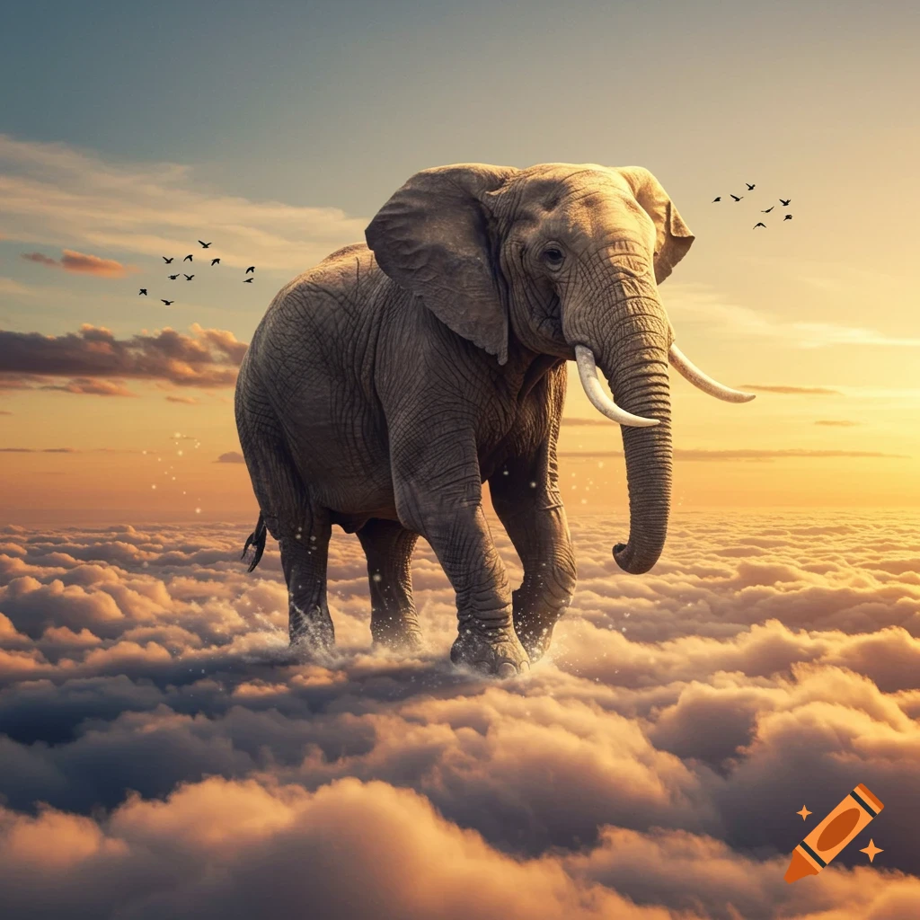 A photorealistic image of a large elephant walking across a sea of clouds during a vibrant sunset, with birds flying.