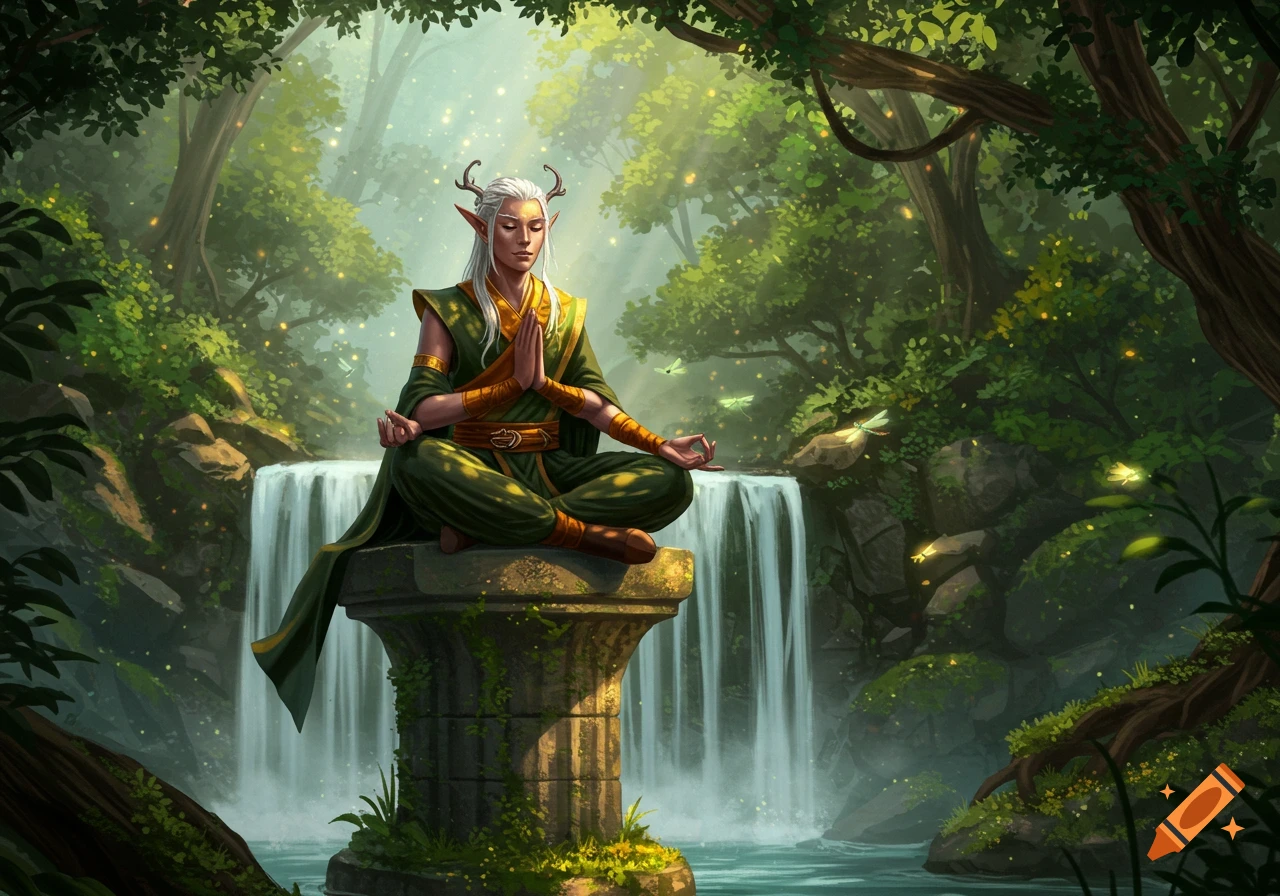 A serene, white-haired fantasy character with small antlers meditates on a stone pillar by a waterfall in a glowing magical forest.