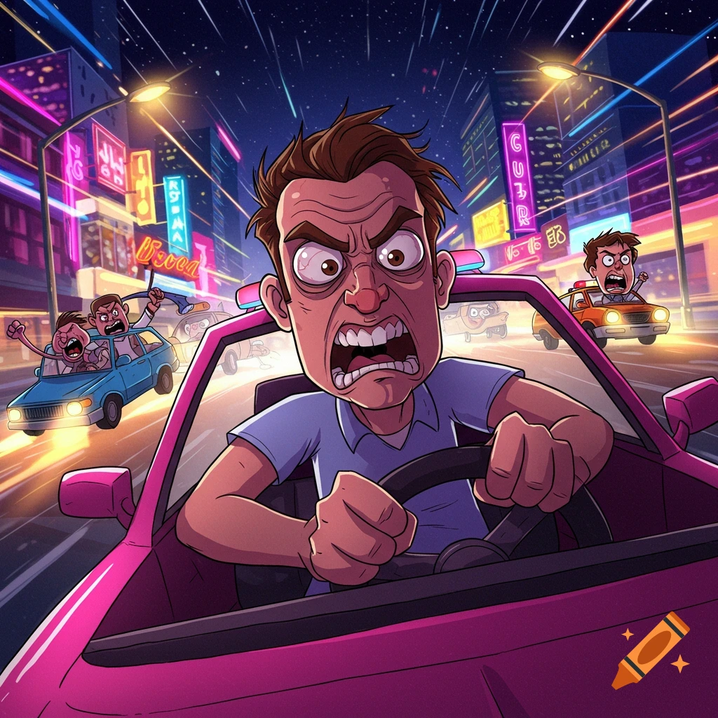 Cartoon man with road rage drives a pink car through a neon-lit city at night, pursued by other angry drivers in an exaggerated style.