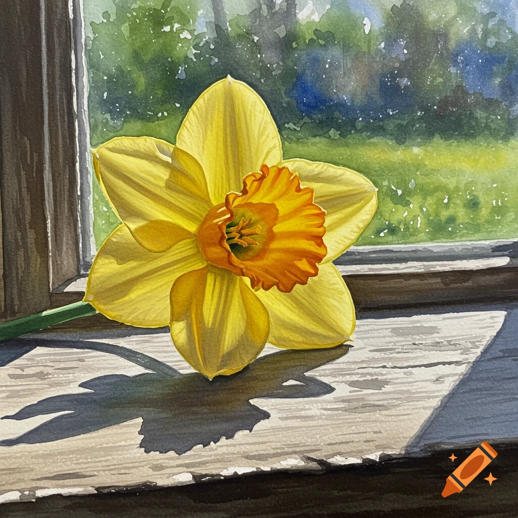 A vibrant yellow daffodil with an orange center rests on a rustic window sill in a bright watercolor painting.
