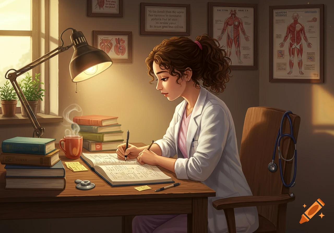 An illustrated medical student with curly hair studies at a desk, writing in a book under a warm lamp light, surrounded by books and anatomical posters.