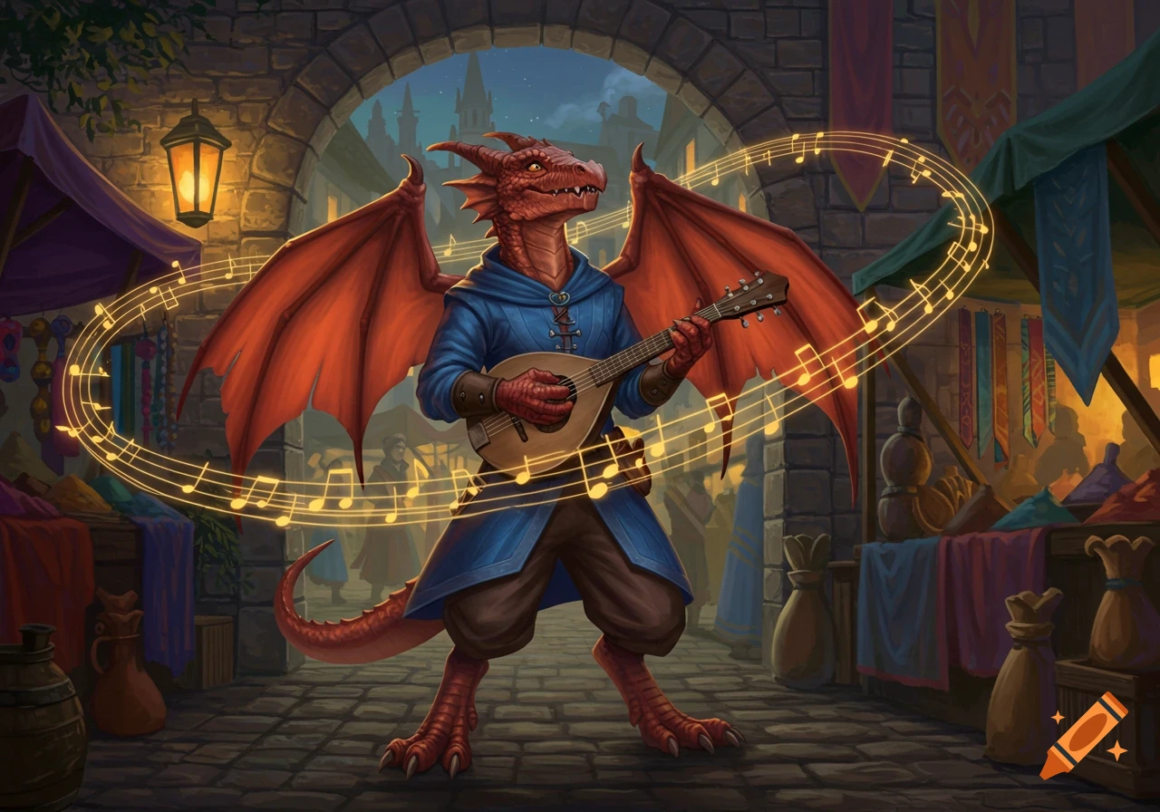 A red dragonoid bard in a blue tunic plays a lute, surrounded by glowing musical notes in a lively fantasy market at night.