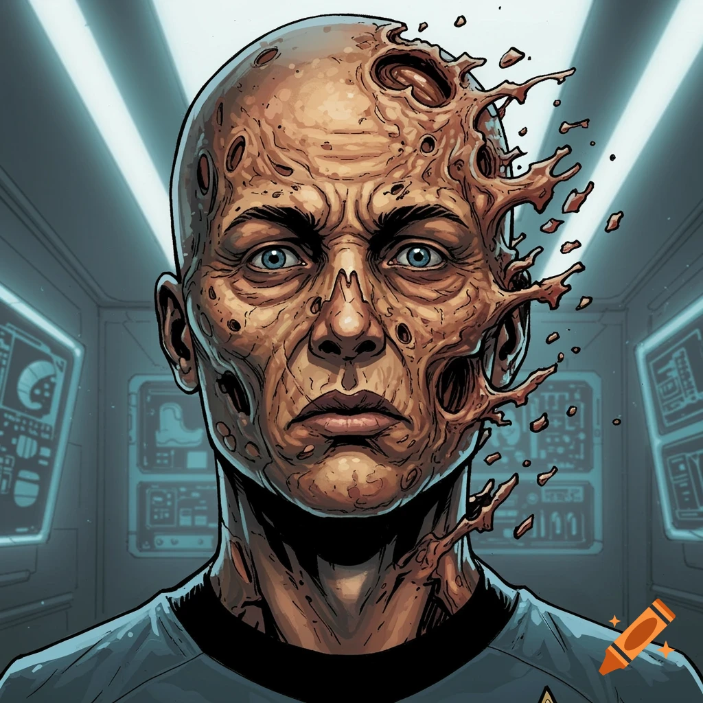 Comic style portrait of a bald man with blue eyes, his face discolored and decaying on one side in a sci-fi setting.