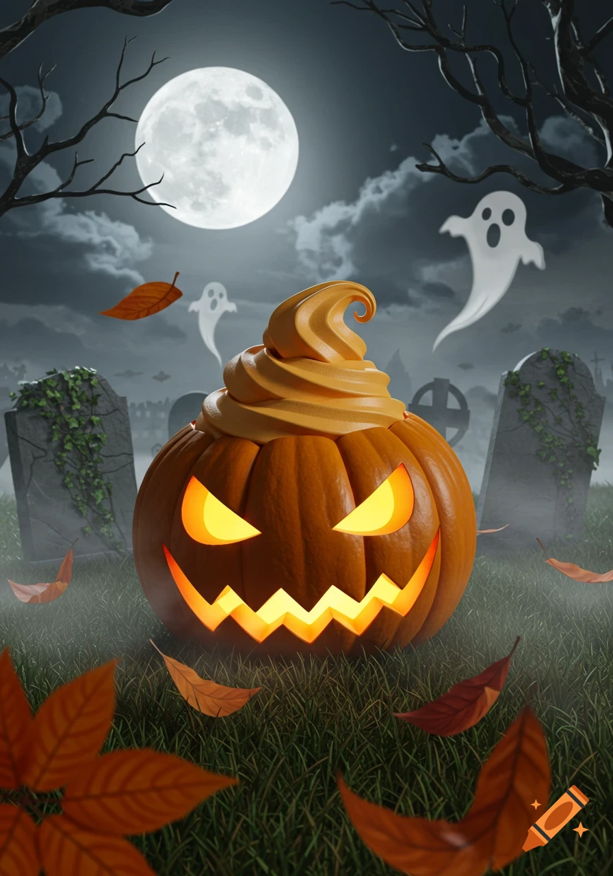 A glowing jack-o'-lantern with a soft-serve swirl on top sits in a misty graveyard with ghosts, bare trees, a full moon, and falling autumn leaves.