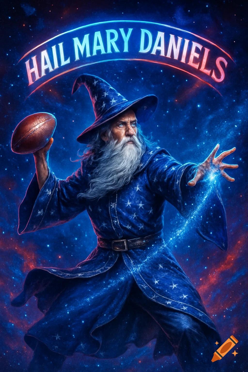 A wizard in a starry blue robe throws a football and casts magic against a cosmic background. Text: HAIL MARY DANIELS.