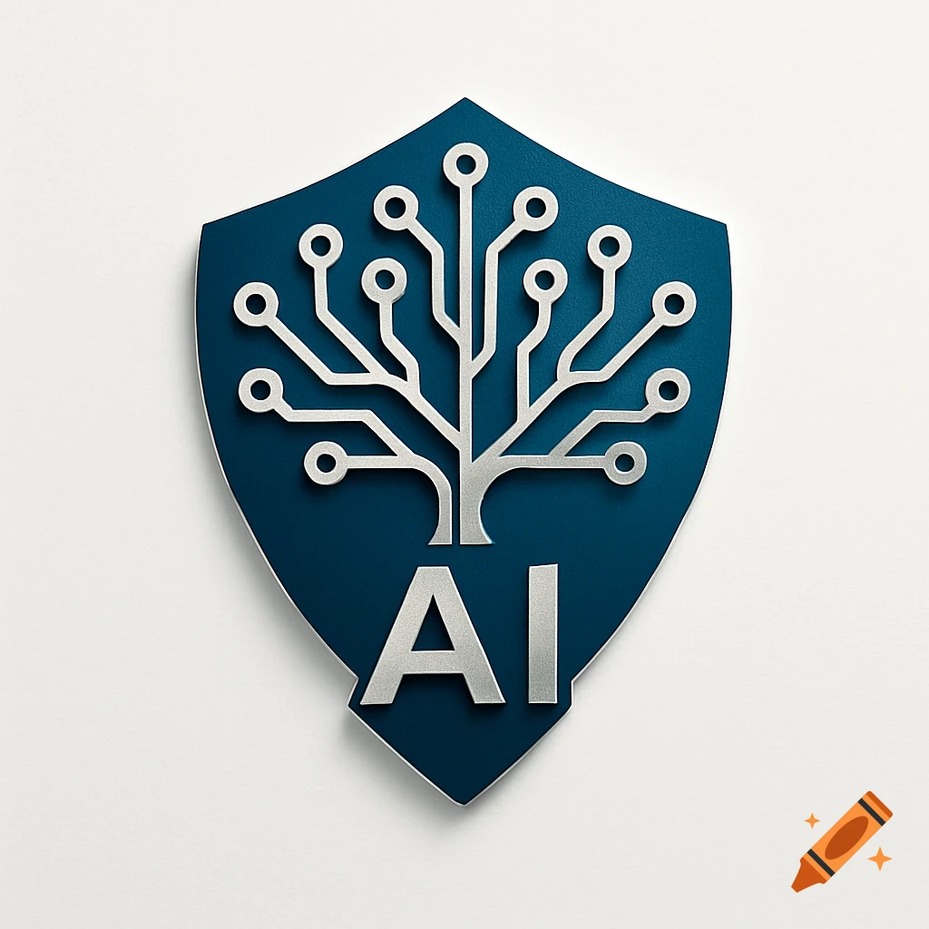 A blue shield logo featuring a white circuit board tree and the letters AI beneath it, on a white background.