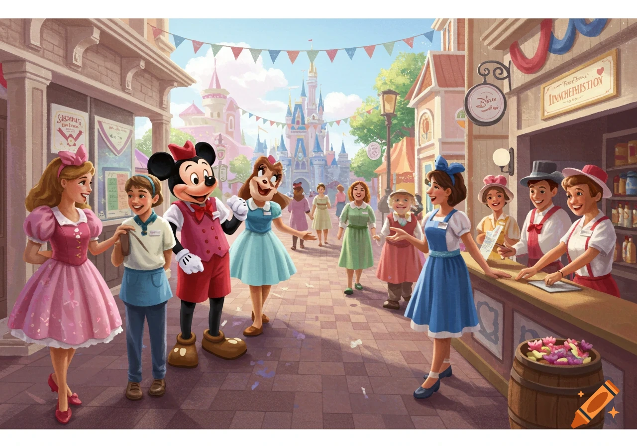 Colorful cartoon illustration of a bustling Disney-style theme park street with Mickey Mouse, a Goofy-like character, and cheerful staff.