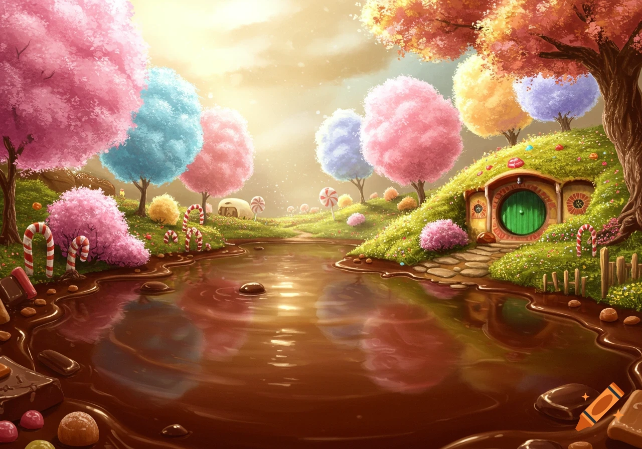 A vibrant fantasy landscape with a chocolate river, cotton candy trees, and a candy-decorated hobbit house built into a grassy hill.