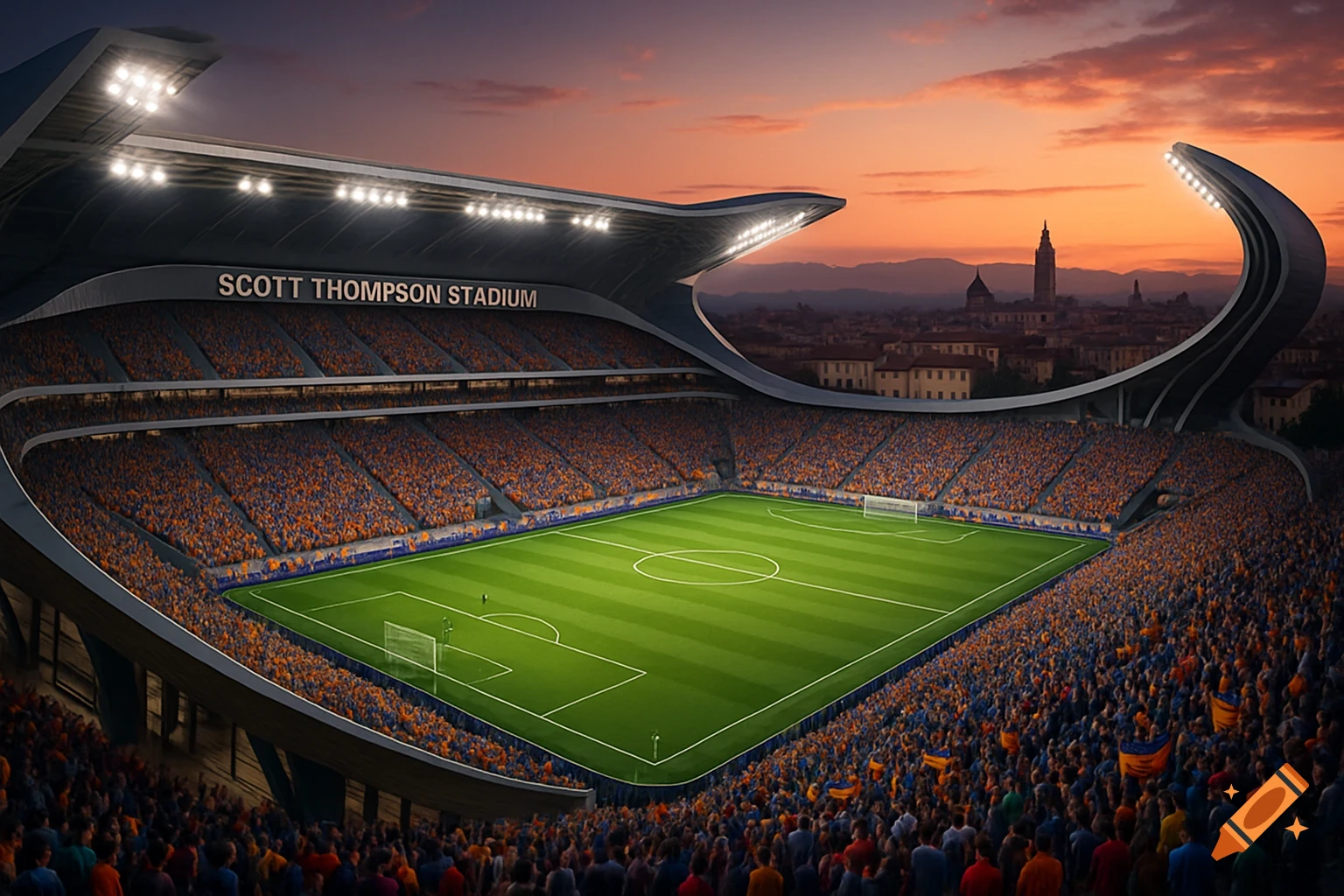 A vast soccer stadium filled with fans, illuminated by stadium lights at sunset with a city skyline in the background.