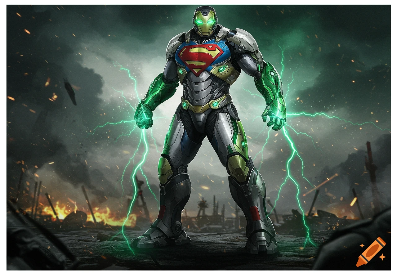 A powerful Iron Man-Superman-Green Lantern hybrid suit stands in a destroyed city, emanating green lightning.