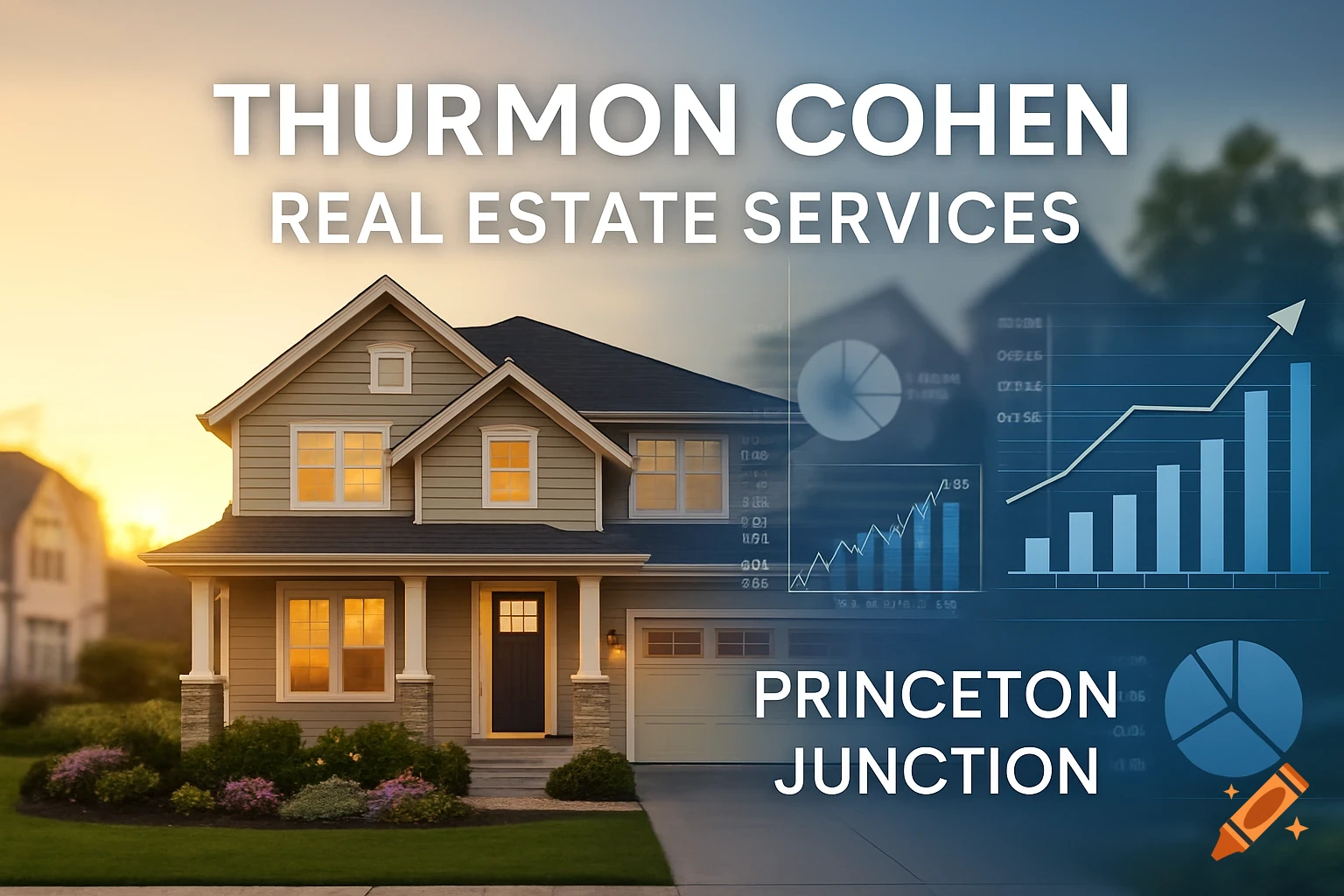 Photorealistic suburban house at sunset with 'Thurmon Cohen Real Estate Services Princeton Junction' text and market charts overlay.