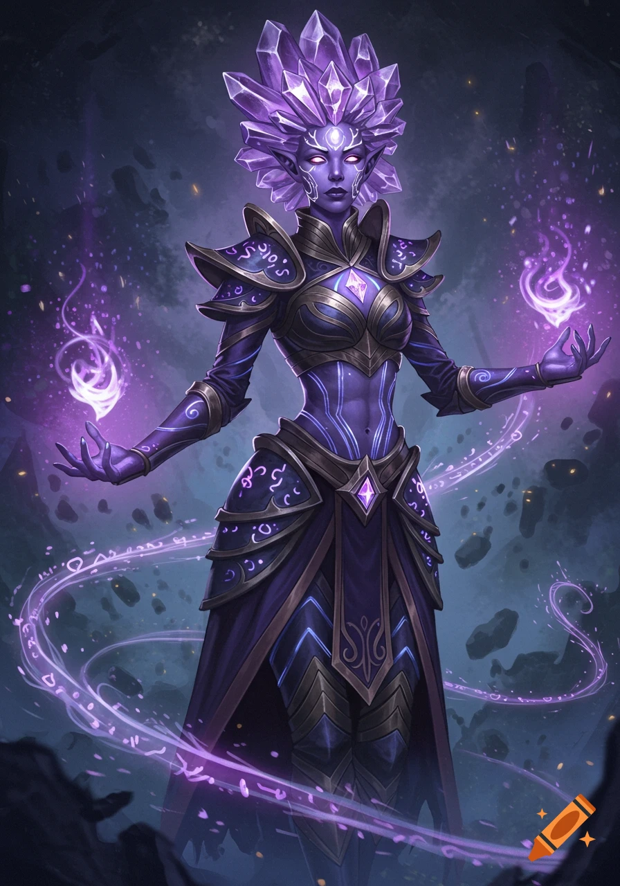 A purple-skinned Genasi woman with purple crystalline hair and white energy lines, wearing ornate mage armor, casting magic.