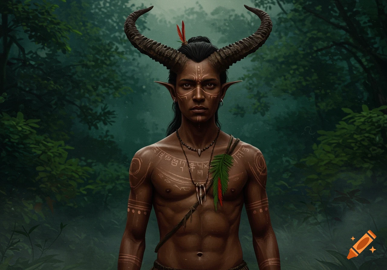 A serious, bare-chested male figure with long, twisted horns and pointed ears, adorned with tribal markings and a necklace, stands in a mystical forest.
