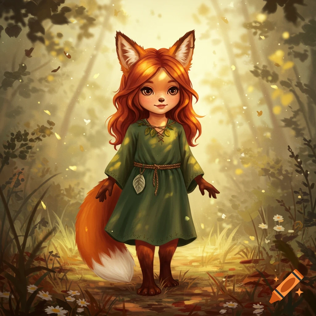 A cute red-haired fox girl in a green dress stands in a sunlit fantasy forest, illustrative style.