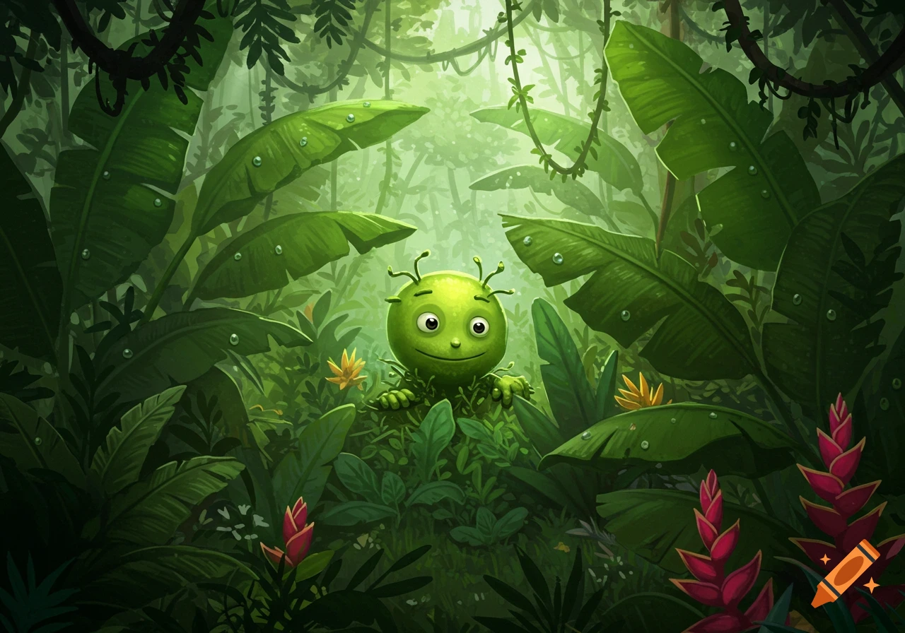 A cute, cartoon-style green creature with antennae peeking out of lush jungle foliage with bright flowers.