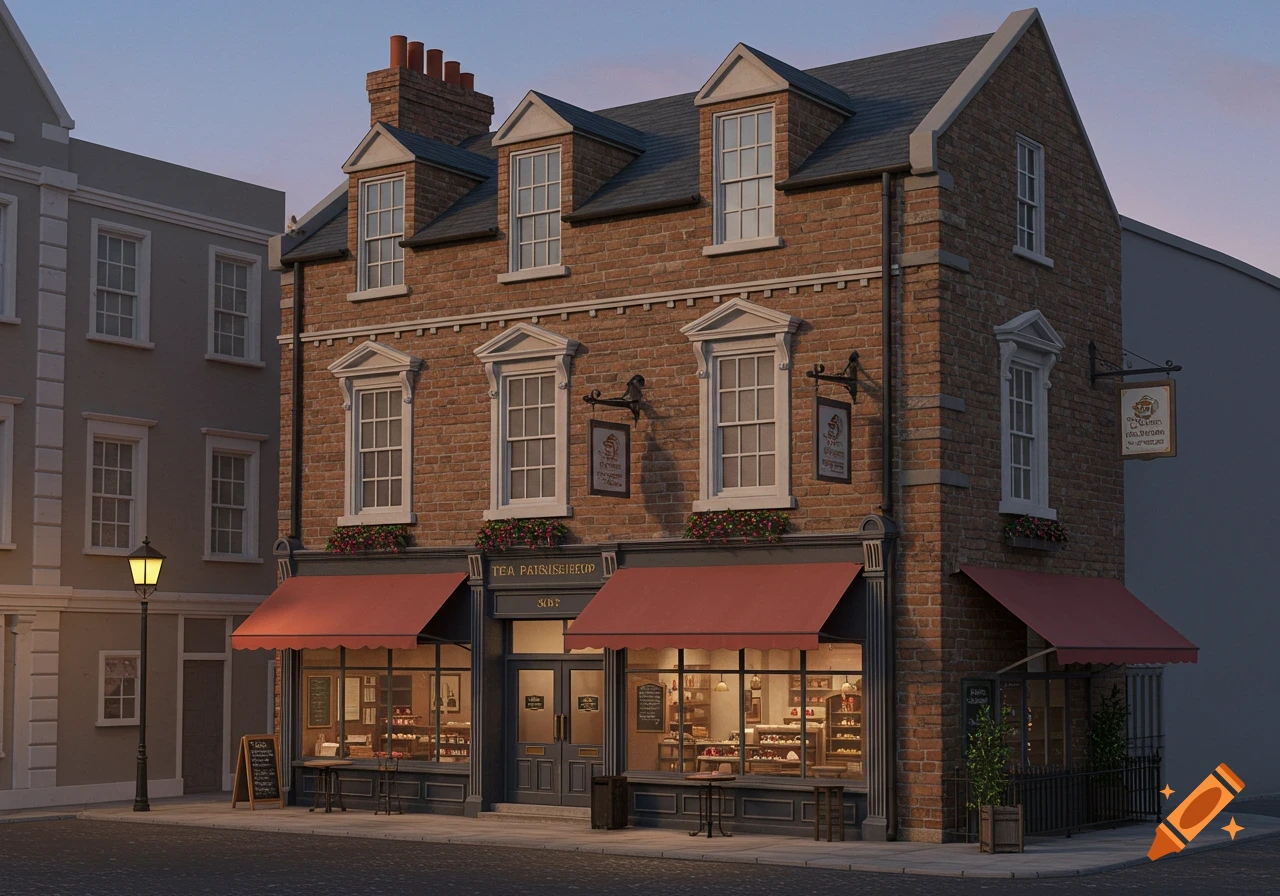 London-style brick building with a tea and patisserie shop on a street at dusk, rendered in 3D.
