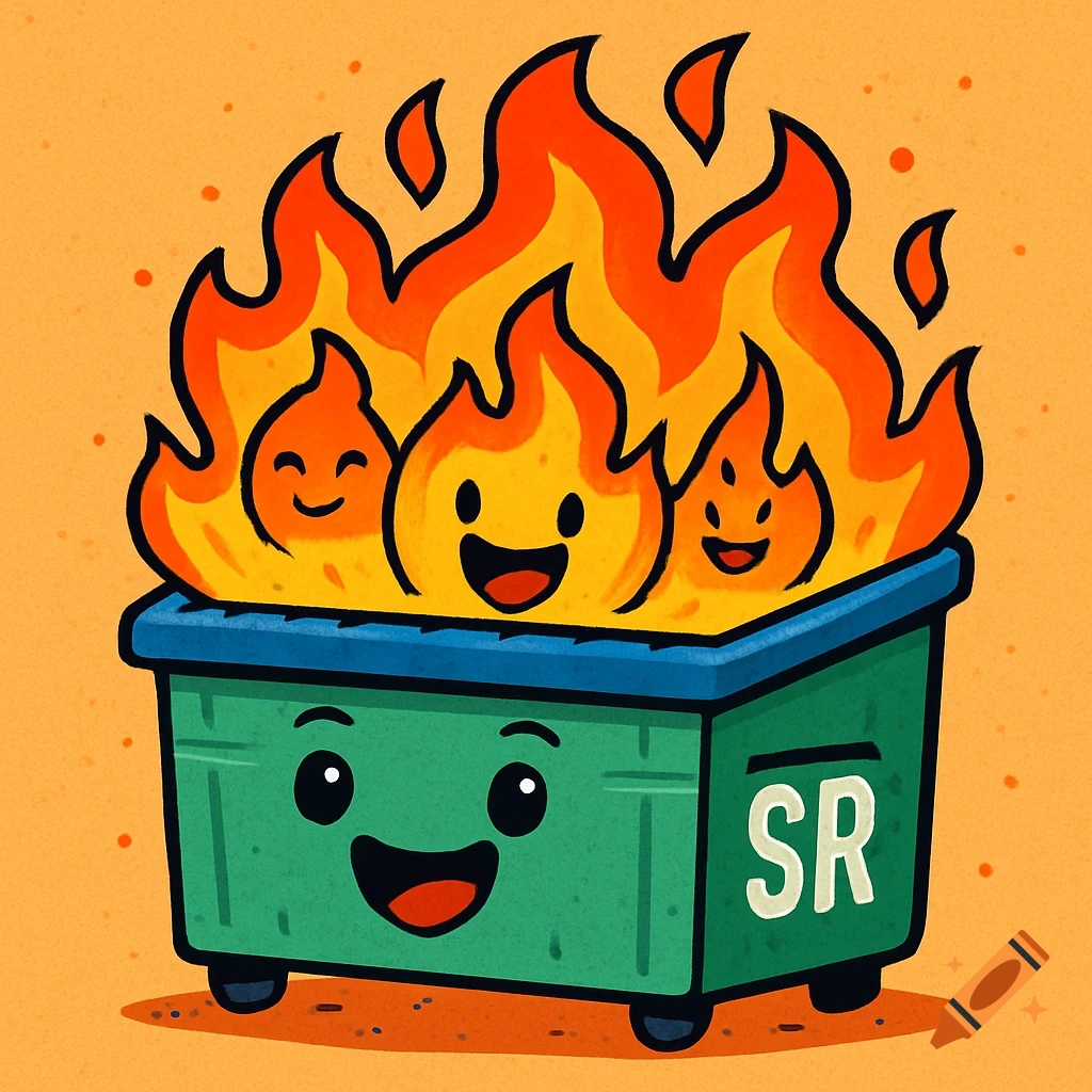 A cartoon illustration of a smiling green dumpster with a blue lid, overflowing with happy, smiling orange and yellow flames. The letters 'SR' are on the side of the dumpster.