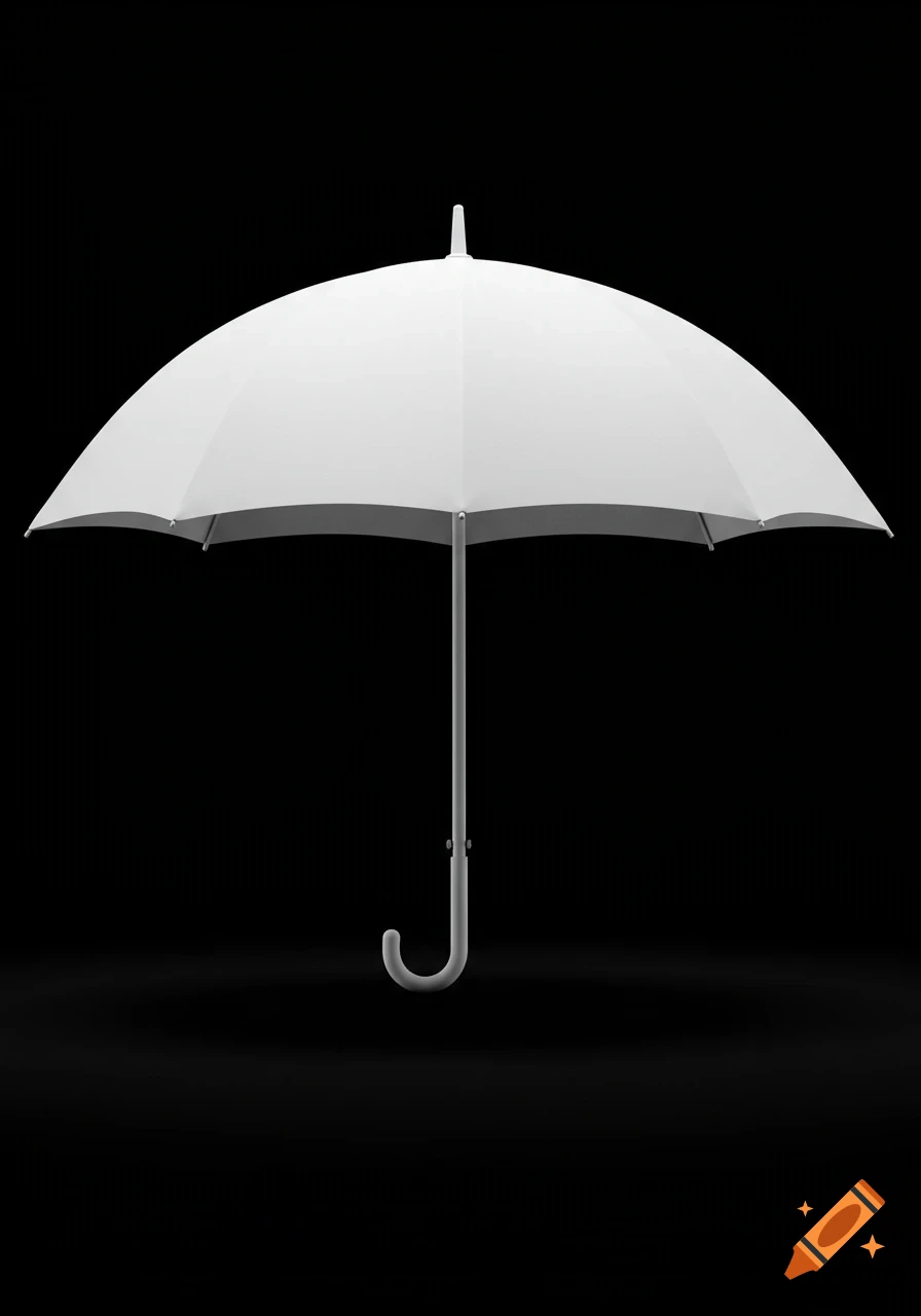 A clean white umbrella with a curved handle, isolated against a stark black background in a minimalist style.
