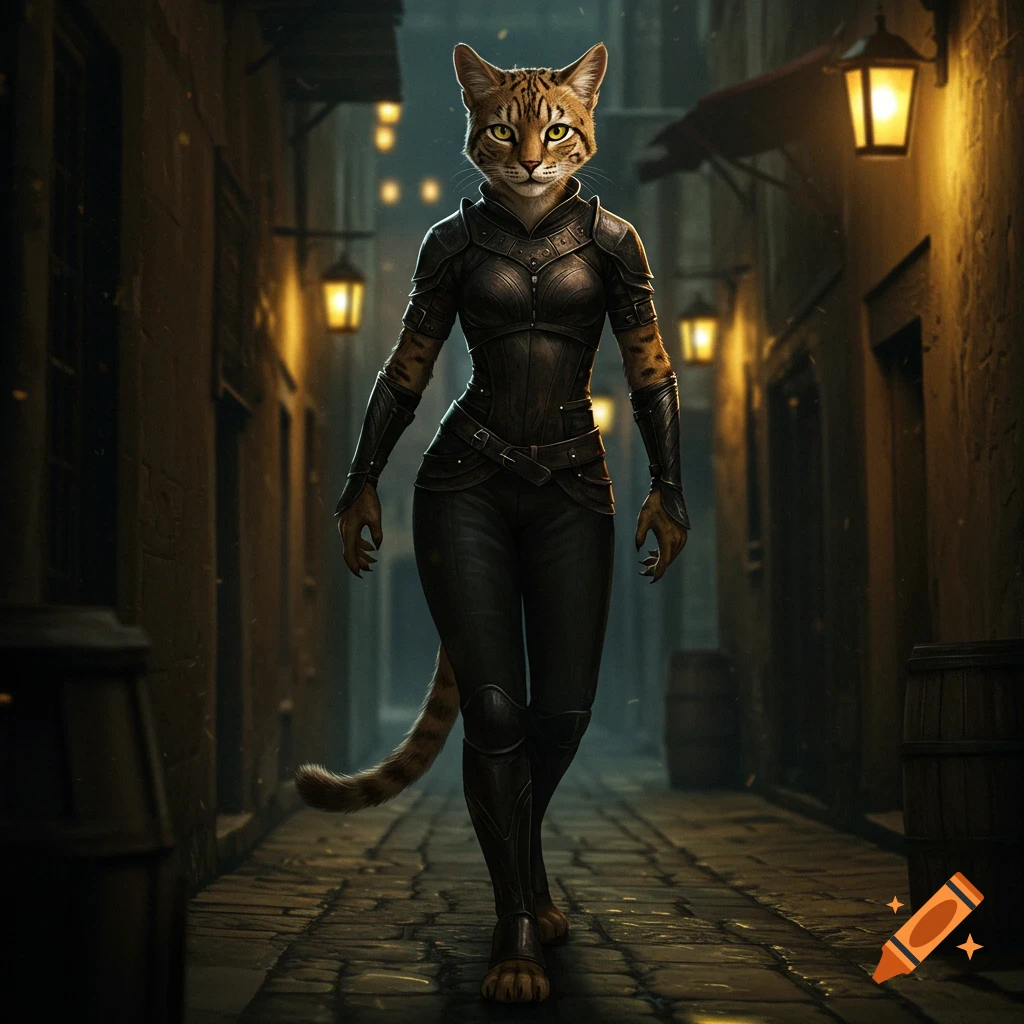 Photorealistic cat-woman in dark leather armor walking down a narrow, lantern-lit cobblestone alley.