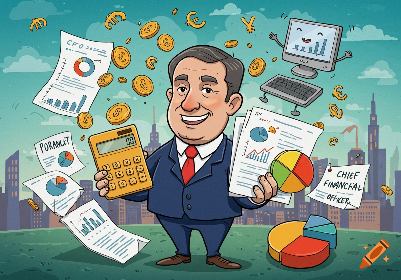 A smiling cartoon CFO holds a calculator and financial documents, surrounded by floating money and a city skyline.